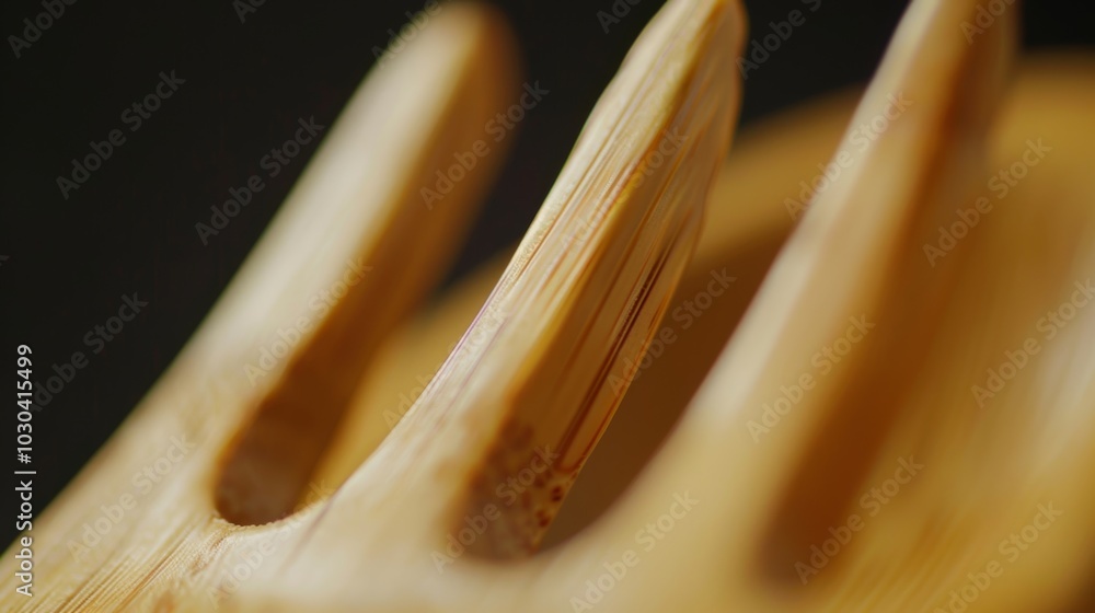 Poster a zoomedin shot of a bamboo fork revealing the smooth and polished surface of the utensil. each tine