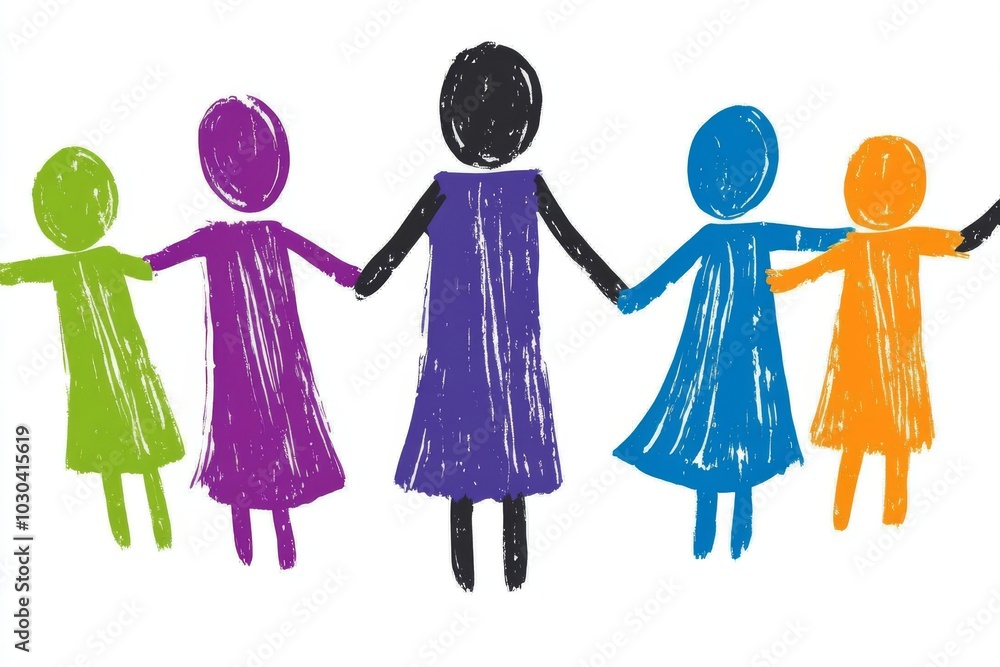 Poster colorful crayon sketch of five figures holding hands representing friendship unity and teamwork in a