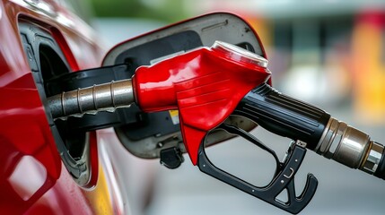 Close-up of gas pump nozzle, Fueling a vehicle at a gas station. Petrol pump