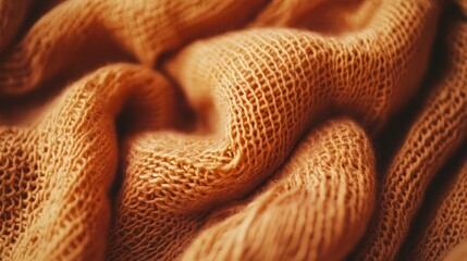 Fototapeta premium Close-up of soft, orange yarn knitted into a wrinkled fabric.