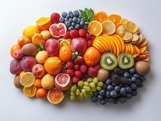 a visually striking brain made of various fruits, symbolizing health and wellness, creatively arranged against a clean background, promoting the concept of healthy living and nutritious eating