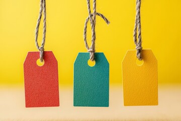 Colorful tags hanging on strings, vibrant yellow background.
