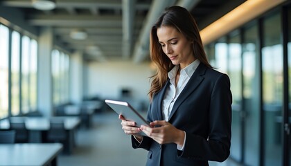 Businesswoman in a formal suit using a tablet in a tech-savvy office