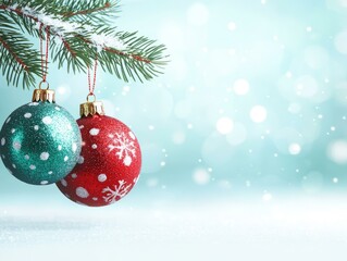 Naklejka premium Colorful Christmas ornaments hanging from a pine tree branch, festive winter background.