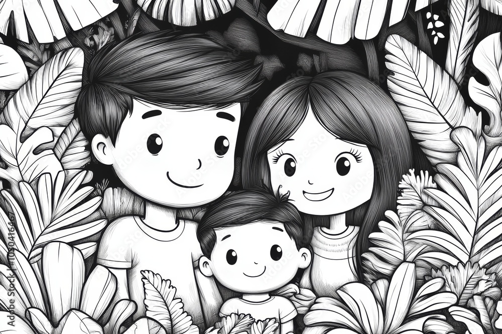 Poster black and white cartoon style portrait of a happy family of three symbolizing love unity and togethe