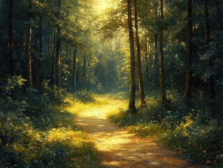 Fototapeta premium Whispers of Golden Light: A Sunlit Path Through the Emerald Embrace of Nature's Cathedral