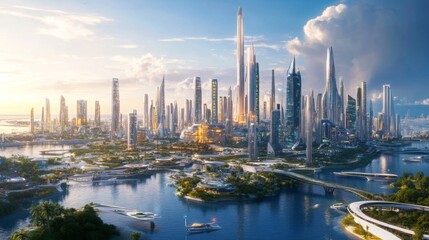 A large city with many tall buildings and a large body of water running through it. There are multiple bridges connecting the land masses on either side of the water