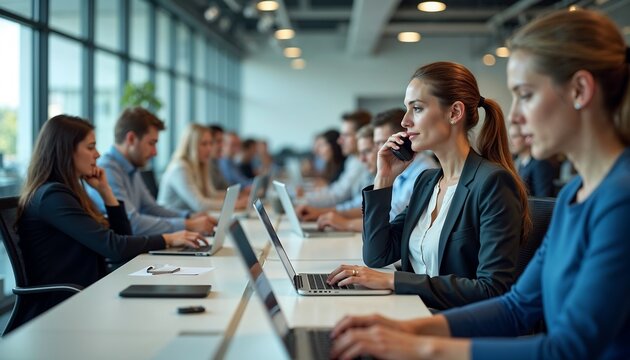 Busy open-plan office with workers on phones, laptops, and at desks - Powered by Adobe