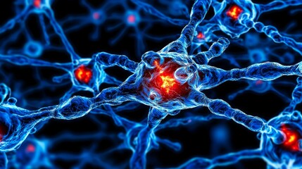 Close-up of interconnected neurons in vibrant blue and red colors.