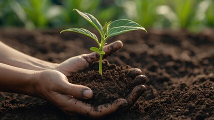 Close-up of hands holding a young green plant in rich soil, with a blurred background of a garden, symbolising environmental sustainability, growth, and eco-consciousness.