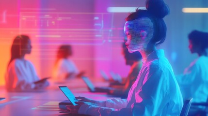 A woman in a brightly lit room using a tablet with a digital overlay of her face.