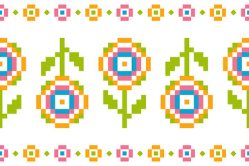 Flower Cross Stitch embroidery seamless.Geometric pixel ethnic patterns. American, Mexican,African, mediterranean,nordic,Aztec style.Tradition folk art background design for products,fabric,decorate