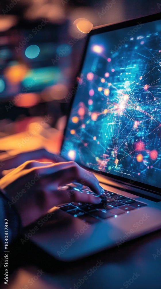 Poster hands typing on laptop with abstract network visualization on screen