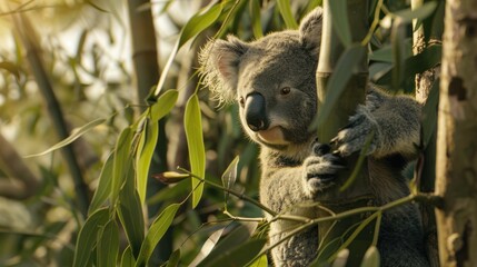 Fototapeta premium photorealism of A koala is clinging to a bamboo tree
