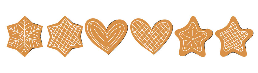 Set of gingerbread cookies in heart, star and snowflake shape with white icing glaze. Hand drawn vector flat colored illustration. Merry christmas traditional sweets, icon, sticker, decoration