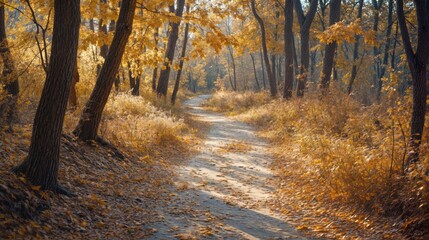 Fototapeta premium Autumn landscape. The path in the autumn forest with yellow leaves
