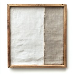 Fototapeta premium Abstract minimalistic textile art with contrasting white and beige squares in wooden frame