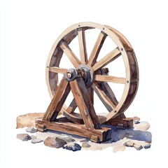 Wooden wheel on a stone base, white isolate background