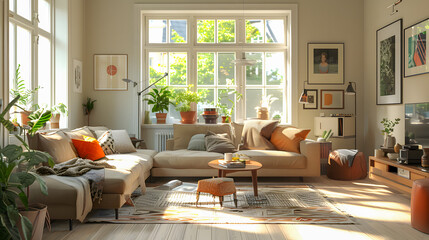 Fototapeta premium Modern and cozy living room in Scand. Natalia style, featuring white sofa on parquet floor. 3D interior design.