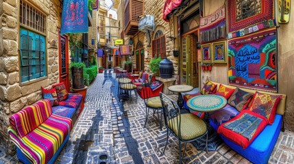 Colorful Outdoor Seating Area in a Narrow Stone Alleyway