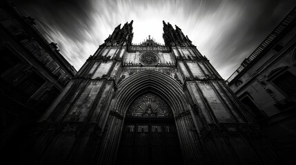 Obraz premium Low-Angle Shot of Seville Cathedral Captured in Black and White, Highlighting Intricate Gothic Details Under Bright Daylight in the 1940s