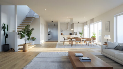 Modern and cozy living room in Scand. Natalia style, featuring white sofa on parquet floor. 3D interior design.