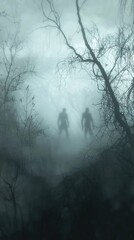 Mysterious Foggy Landscape with Shadows and Figures