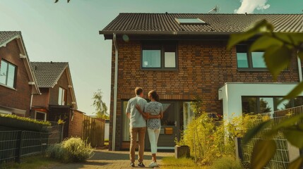 Couple in front of one-family house in modern residential area.