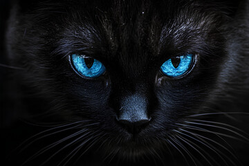 Black cat with blue eyes staring at the camera