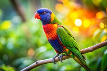 Rainbow lorikeet perched among lush green foliage in nature background