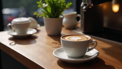 Fototapeta premium A cozy caf features an espresso maker brewing rich coffee atop a walnut countertop