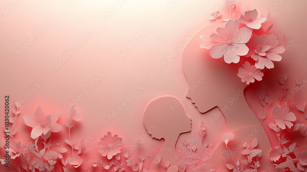 Aufkleber paper cut design mother's day featuring a mother and child in a tender moment against a soft pink ba