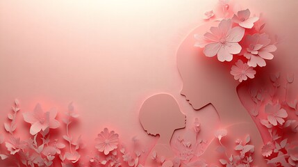 Paper cut design Mother's Day featuring a mother and child in a tender moment against a soft pink background with delicate floral elements and subtle shadows adding depth to the web banner