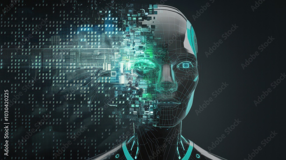 Poster digital cyborg face with pixel data visualization in futuristic tech background conceptual portrait 
