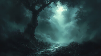 Obraz premium horror forest background, full moon above trees, apocalyptic scene
