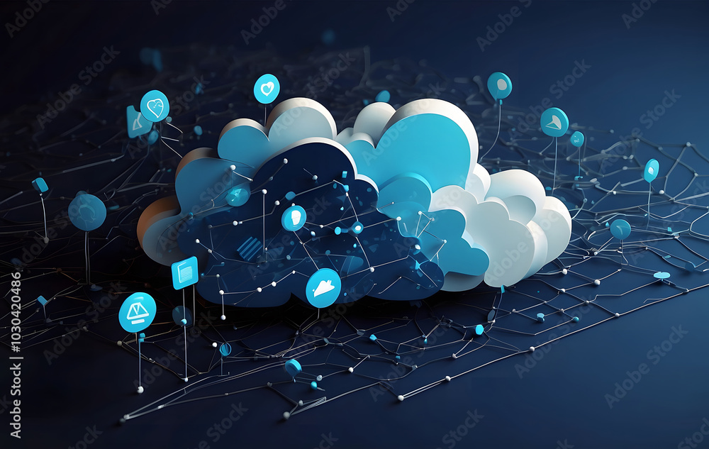 Poster cloud computing concept, virtual cloud & network connections for modern data storage and technology 