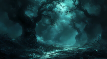Obraz premium horror forest background, full moon above trees, apocalyptic scene