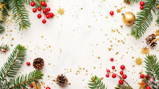 Festive Christmas-themed flat lay with pine branches, red berries, and golden confetti on white table. Perfect for holiday card design, seasonal greetings, and festive decorations. 