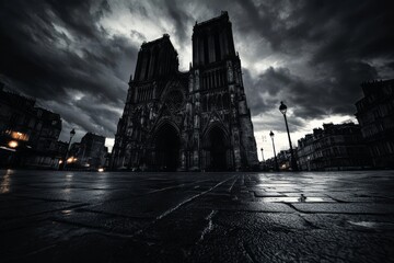 Obraz premium Wide-Angle Shot of Reims Cathedral at Dusk, Captured in Black and White, Featuring Dramatic Clouds and a Quiet Cobblestone Street