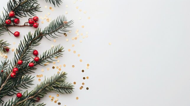 Festive Christmas-themed flat lay with pine branches, red berries, and golden confetti on white table. Perfect for holiday card design, seasonal greetings, and festive decorations. 