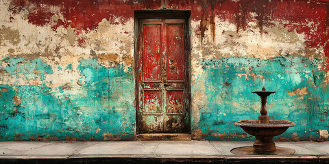A red door is in front of a blue wall