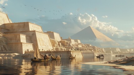 construction of Egypt with large blocks of sand being transported by water and camels.