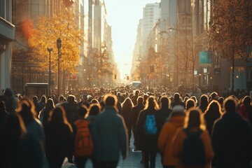 Diverse Urban Crowd Walking on a City Street in Vibrant Morning Light.