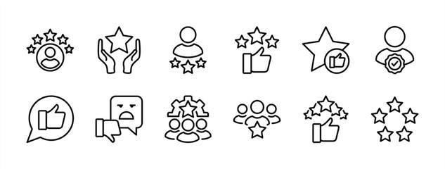 Experience thin line icon set. Containing rating, feedback, review, like, comment, satisfaction for survey, opinion, service, vote, test, inspecting, testimonial, response, consumer, life events