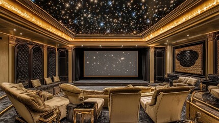 Luxury home theater room with velvet chairs, a star-lit ceiling, and golden accents surrounding a massive projector screen.