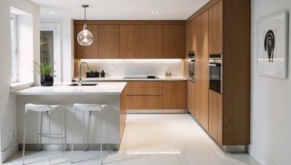 Modern kitchen design showcasing terrazzo tile and countertops along with wood cabinets and contemporary details