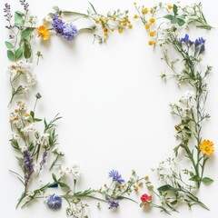 Delicate floral frame with assorted wildflowers on white background