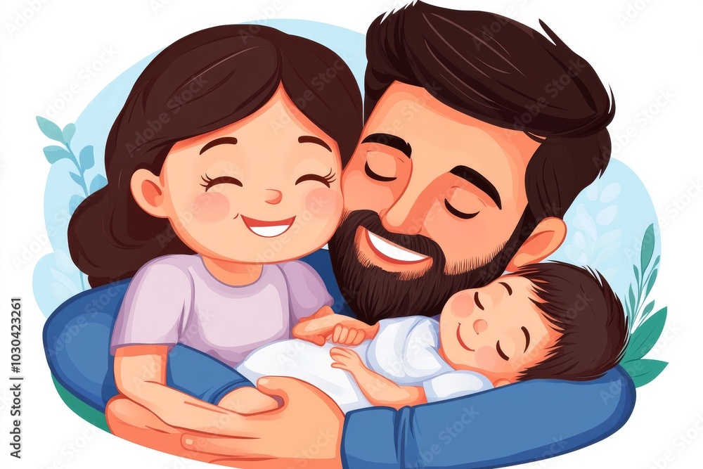Poster cheerful cartoon of a family of four hugging each other symbolizing love unity and togetherness in a