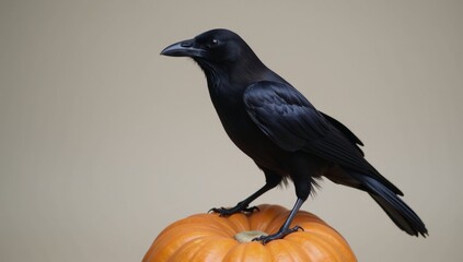 Obraz premium Slim black-and-white crow shadow atop an orange pumpkin