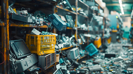 Sorting e-waste separating recyclables and removing hazardous materials in a tech recycling facility Concept E-waste recycling Hazardous materials removal Recyclables separation